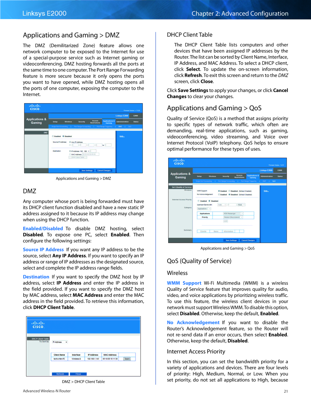 Cisco Systems E2000 manual Applications and Gaming DMZ, Applications and Gaming QoS, QoS Quality of Service 