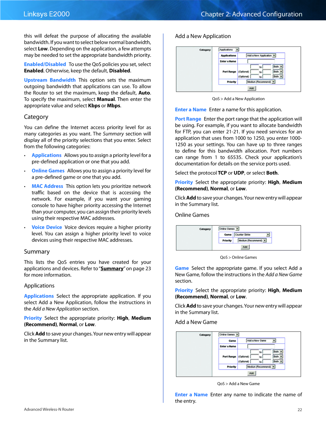 Cisco Systems E2000 manual Category, Applications, Add a New Application, Online Games, Add a New Game 