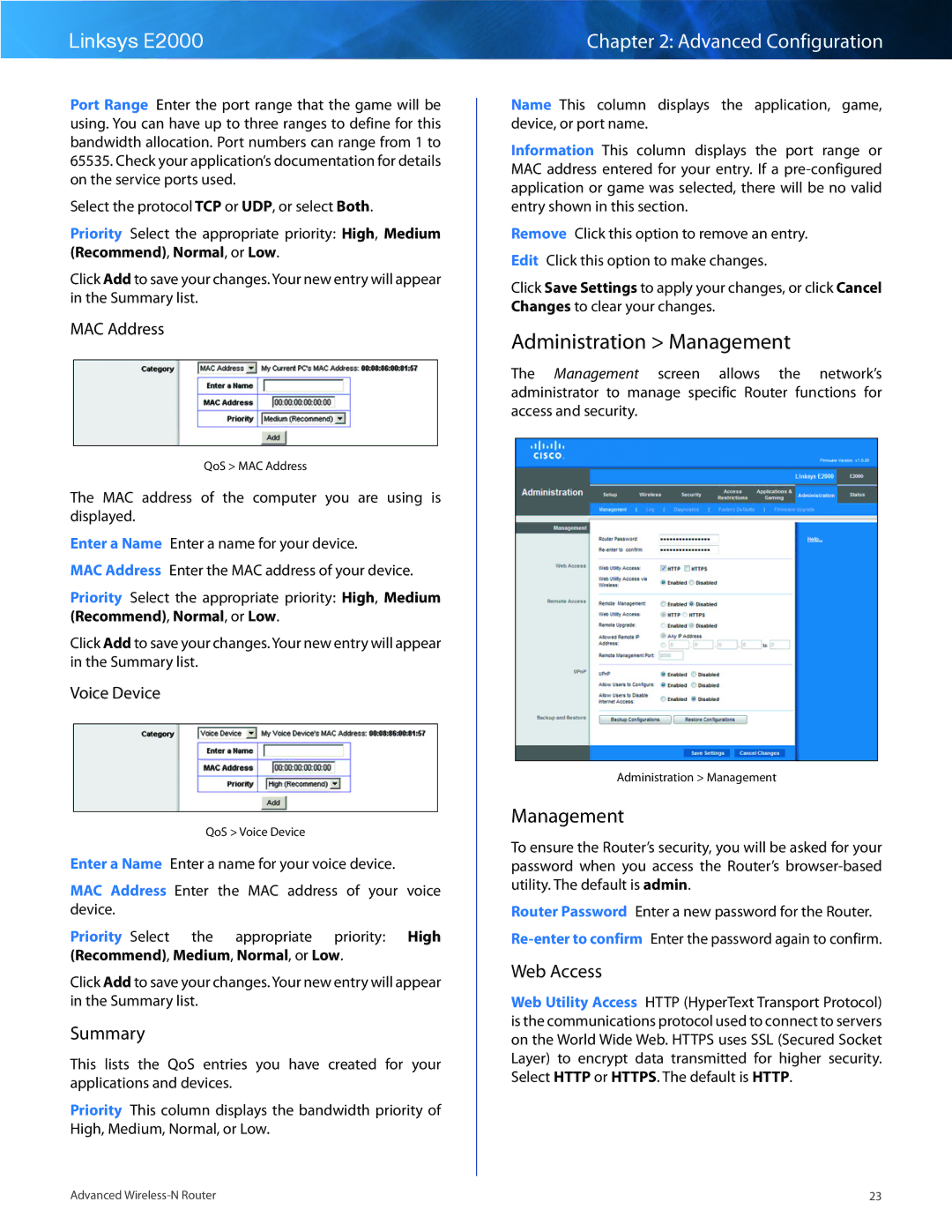 Cisco Systems E2000 manual Administration Management, Web Access, MAC Address, Voice Device 