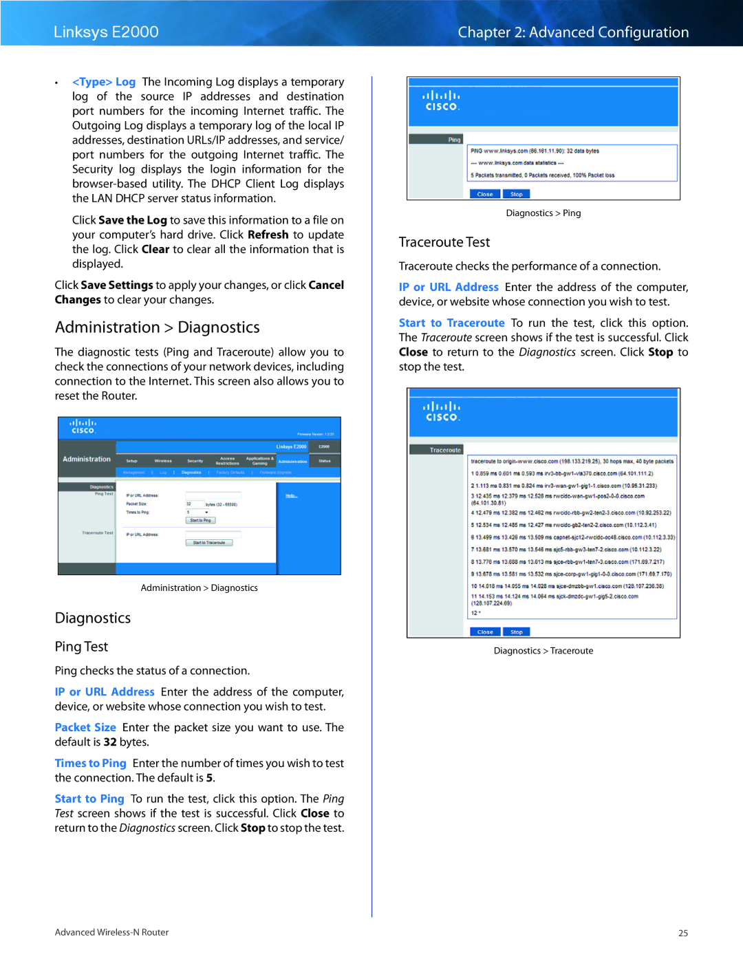 Cisco Systems E2000 manual Administration Diagnostics, Ping Test, Traceroute Test 