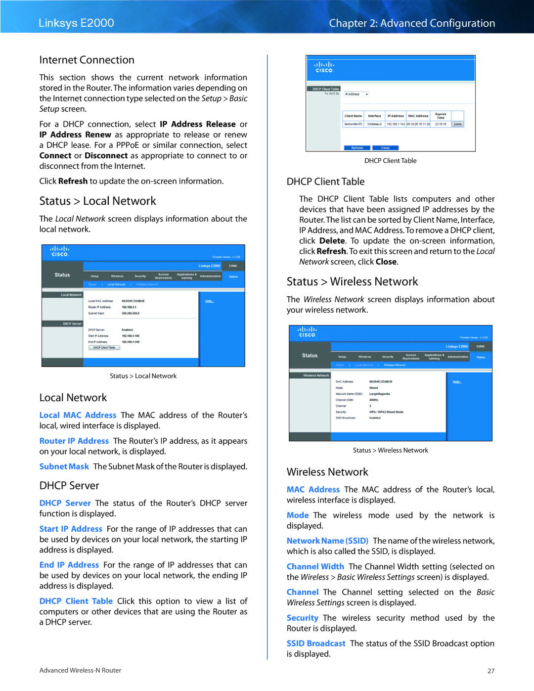 Cisco Systems E2000 manual Status Local Network, Status Wireless Network 