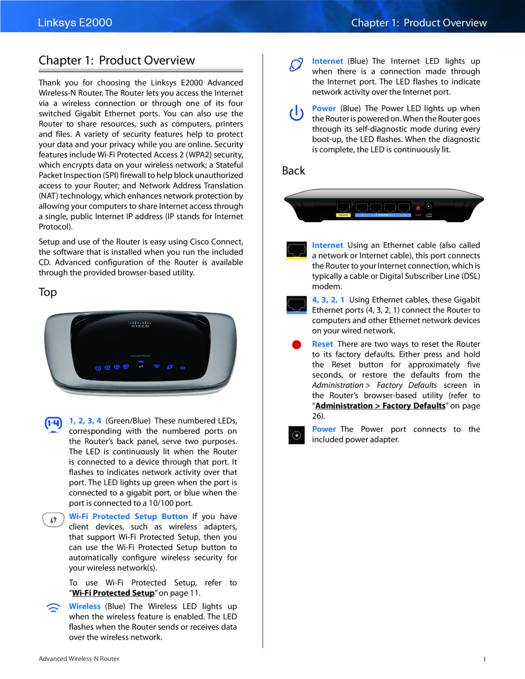 Cisco Systems manual Product Overview, Top, Back, Linksys E2000 