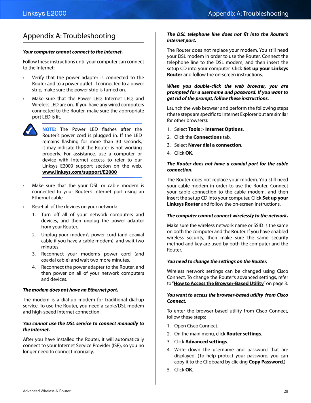 Cisco Systems E2000 manual Appendix a Troubleshooting 