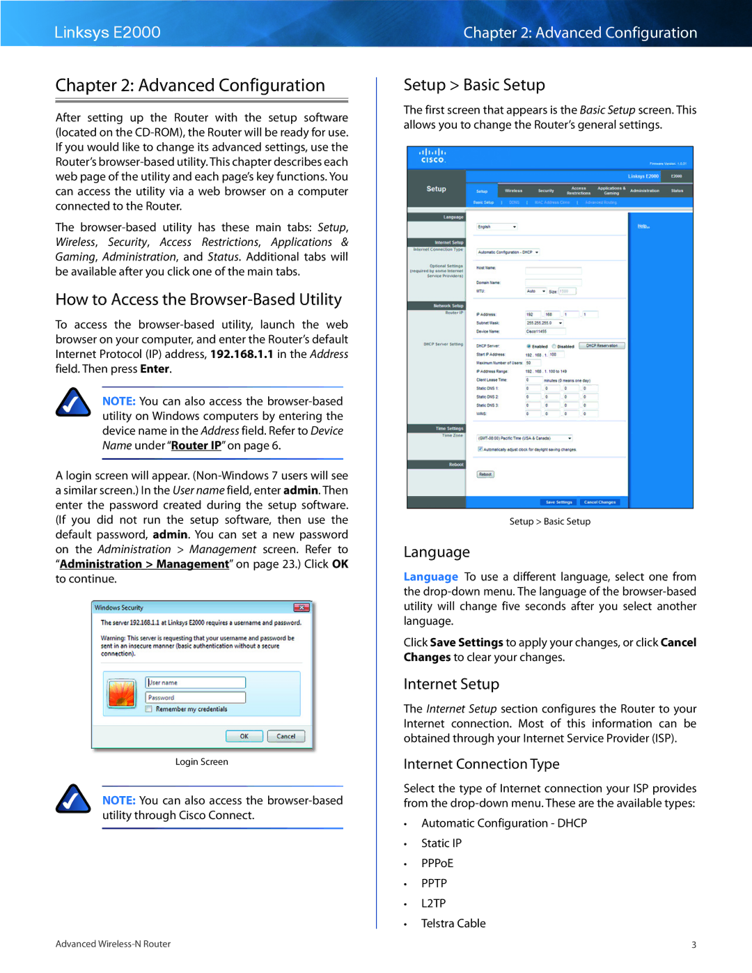 Cisco Systems E2000 manual Advanced Configuration, How to Access the Browser-Based Utility, Setup Basic Setup 