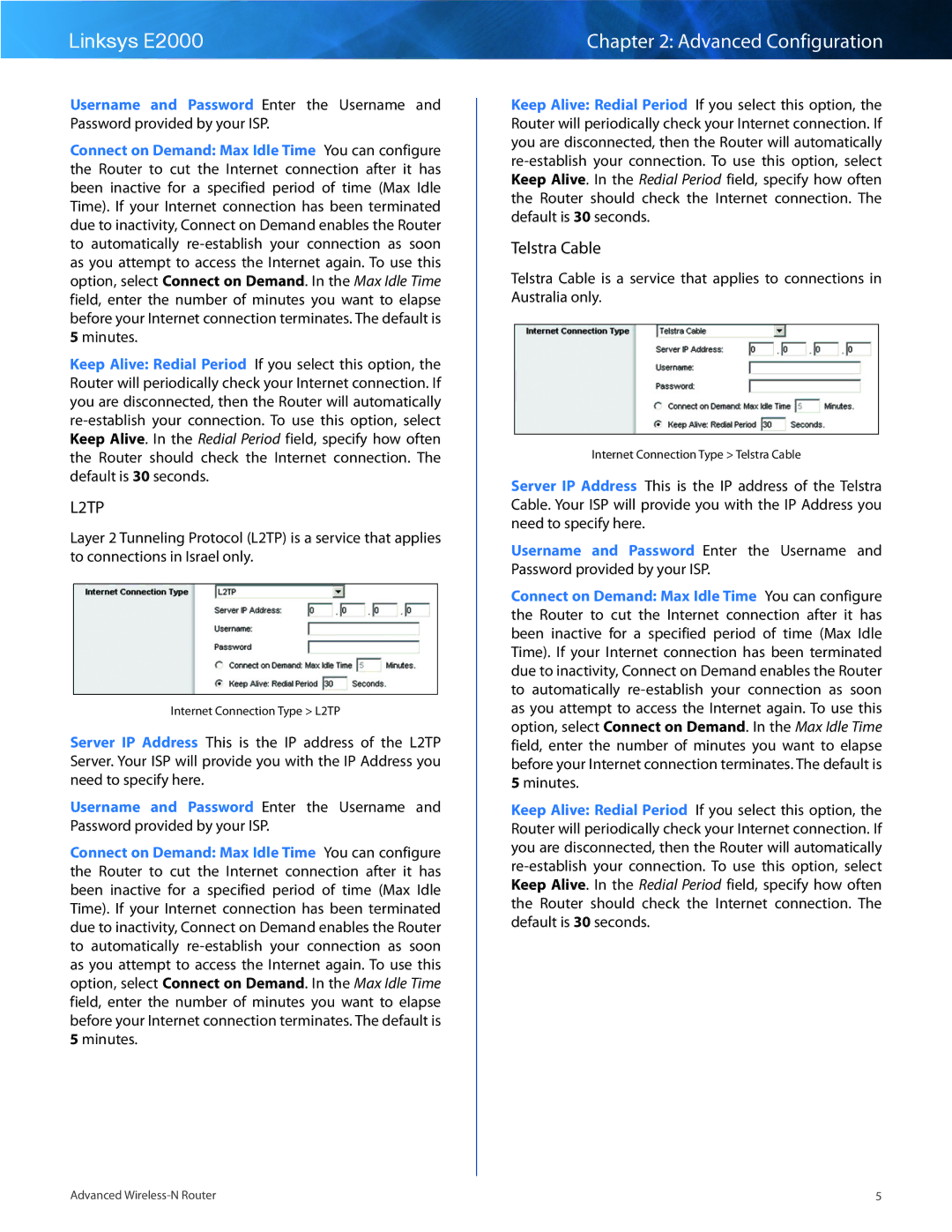 Cisco Systems E2000 manual L2TP, Telstra Cable 