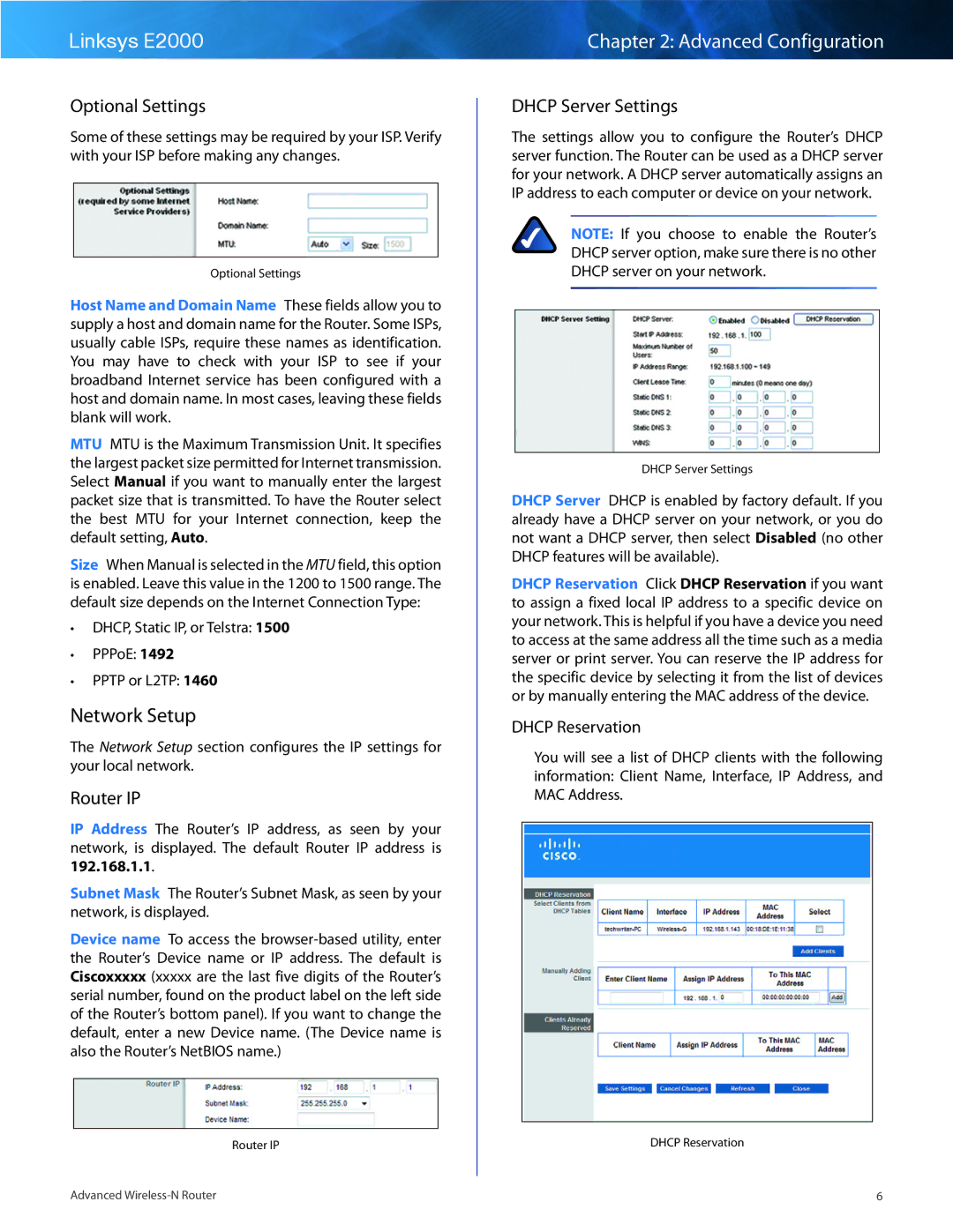 Cisco Systems E2000 manual Network Setup, Optional Settings, Router IP, Dhcp Server Settings, Dhcp Reservation 