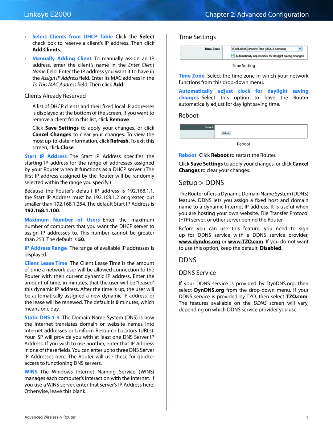 Cisco Systems E2000 manual Setup Ddns, Time Settings, Reboot, Ddns Service, Clients Already Reserved 