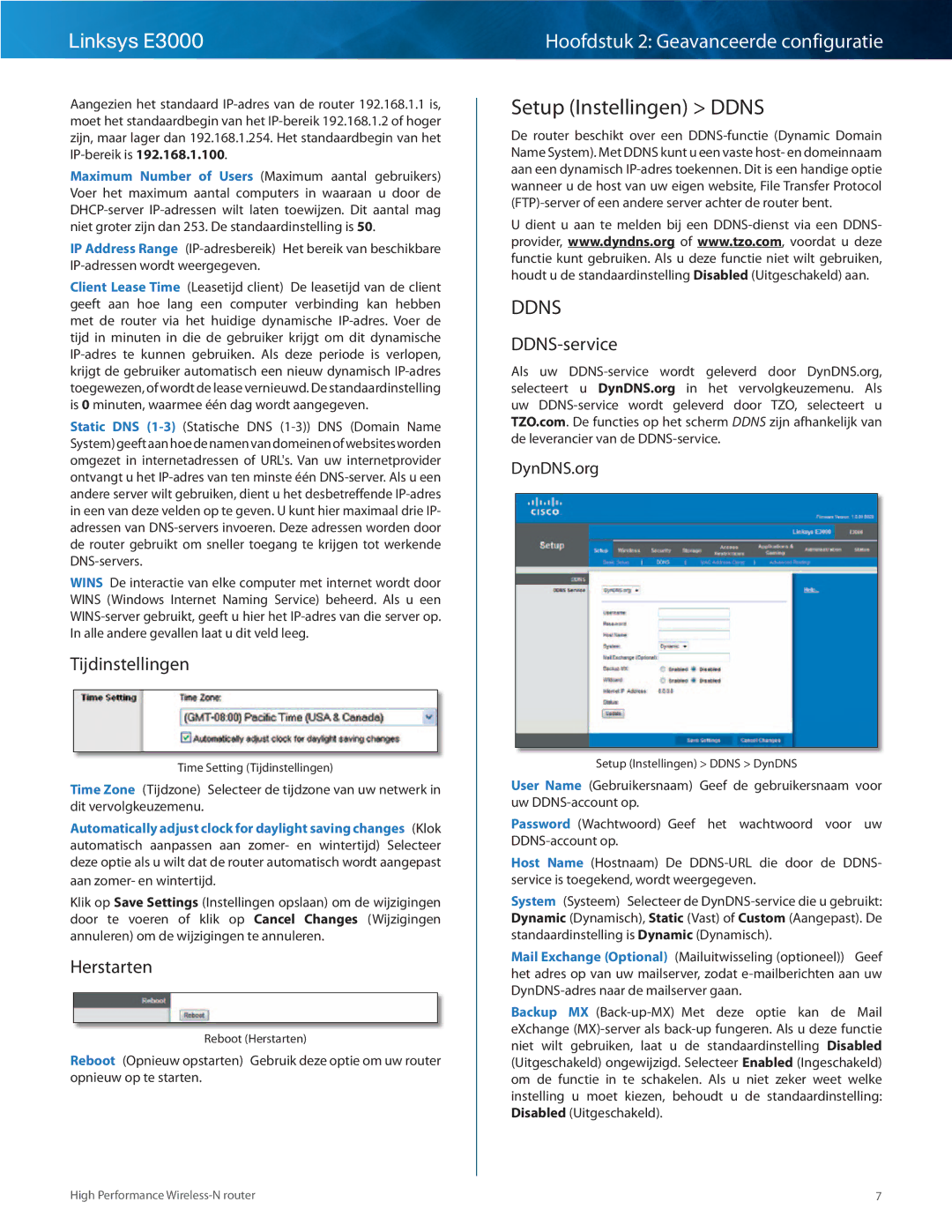 Cisco Systems E3000 manual Setup Instellingen Ddns, Tijdinstellingen, Herstarten, DDNS-service, DynDNS..org 