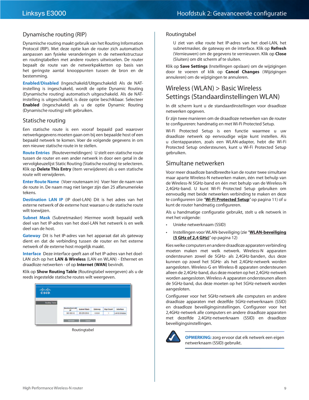 Cisco Systems E3000 manual Simultane netwerken, Dynamische routing RIP, Statische routing, Routingtabel 