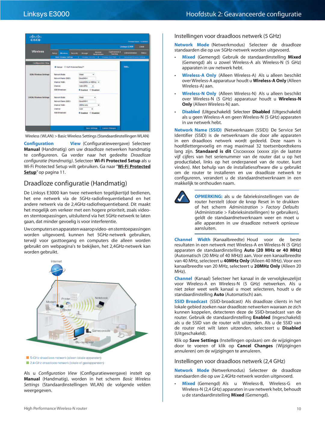 Cisco Systems E3000 manual Draadloze configuratie Handmatig, Instellingen voor draadloos netwerk 5 GHz 