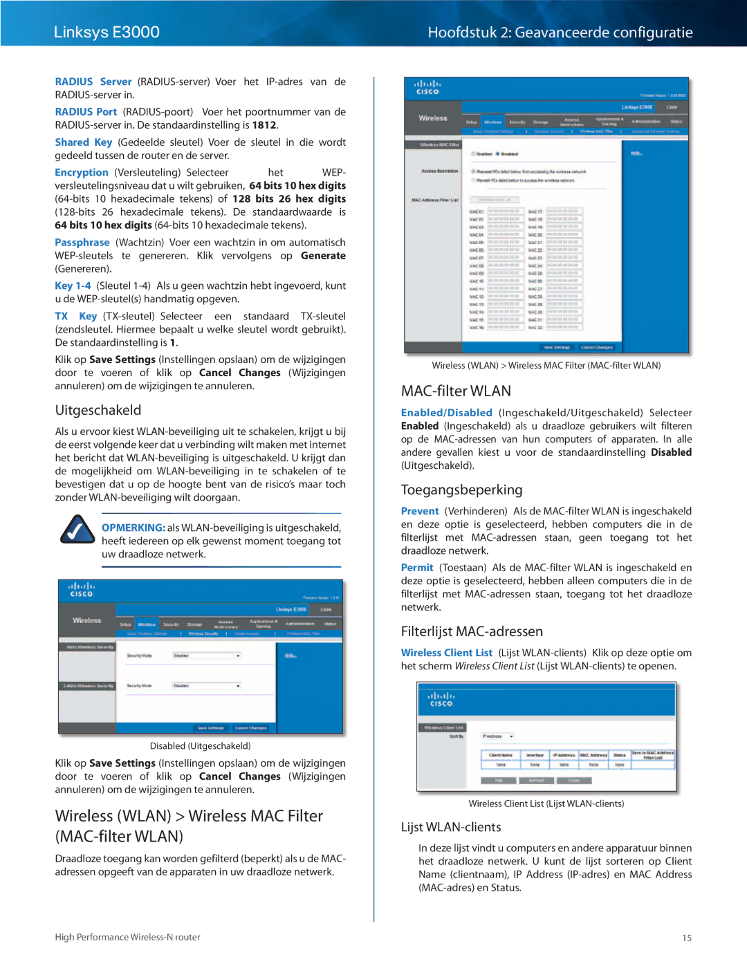 Cisco Systems E3000 manual Wireless Wlan Wireless MAC Filter MAC-filter Wlan, Uitgeschakeld, Toegangsbeperking 