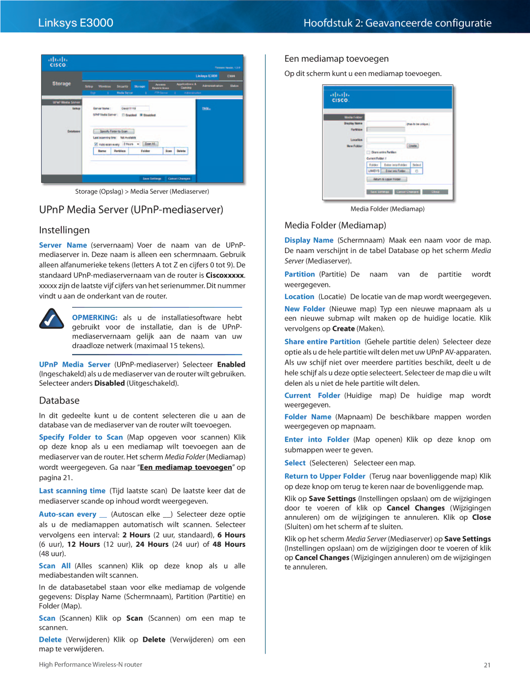 Cisco Systems E3000 manual UPnP Media Server UPnP-mediaserver, Instellingen, Database, Een mediamap toevoegen 