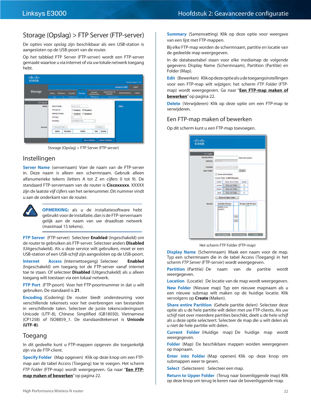 Cisco Systems E3000 manual Storage Opslag FTP Server FTP-server, Instellingen, Toegang, Een FTP-map maken of bewerken 