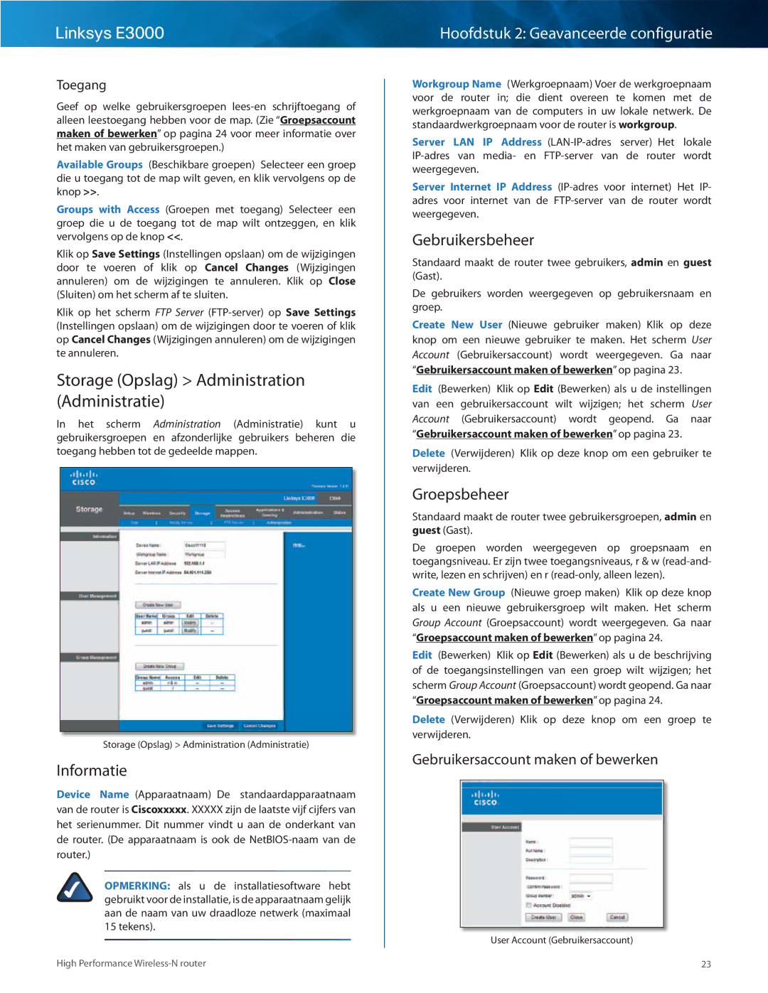 Cisco Systems E3000 manual Storage Opslag Administration Administratie, Informatie, Gebruikersbeheer, Groepsbeheer 