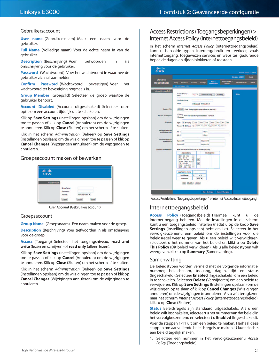 Cisco Systems E3000 manual Internettoegangsbeleid, Groepsaccount maken of bewerken, Samenvatting, Gebruikersaccount 