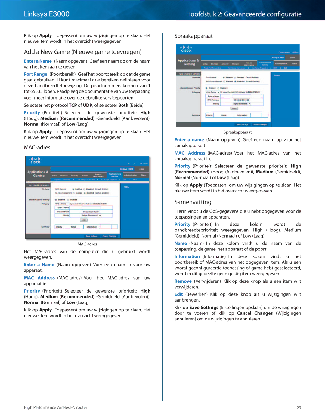 Cisco Systems E3000 manual Add a New Game Nieuwe game toevoegen, MAC-adres, Spraakapparaat 