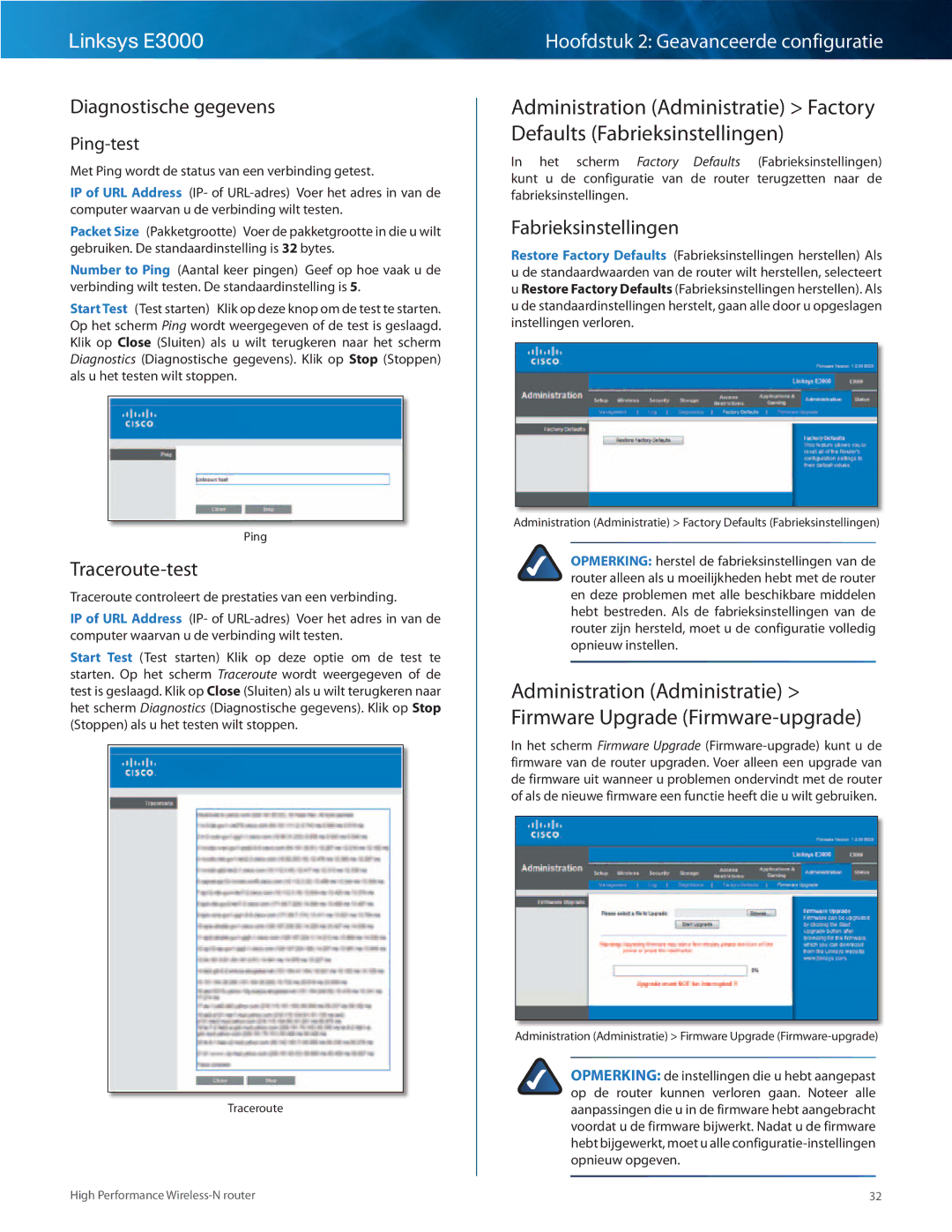 Cisco Systems E3000 manual Diagnostische gegevens, Traceroute-test, Fabrieksinstellingen, Ping-test 