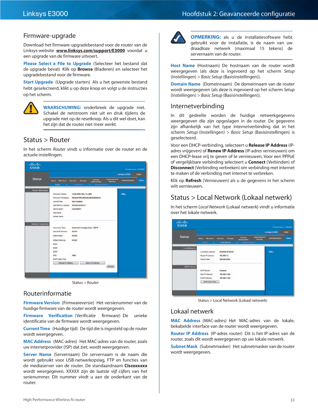 Cisco Systems E3000 manual Status Router, Status Local Network Lokaal netwerk 