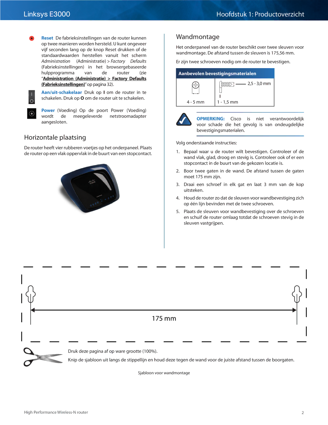 Cisco Systems E3000 manual Horizontale plaatsing, Wandmontage 