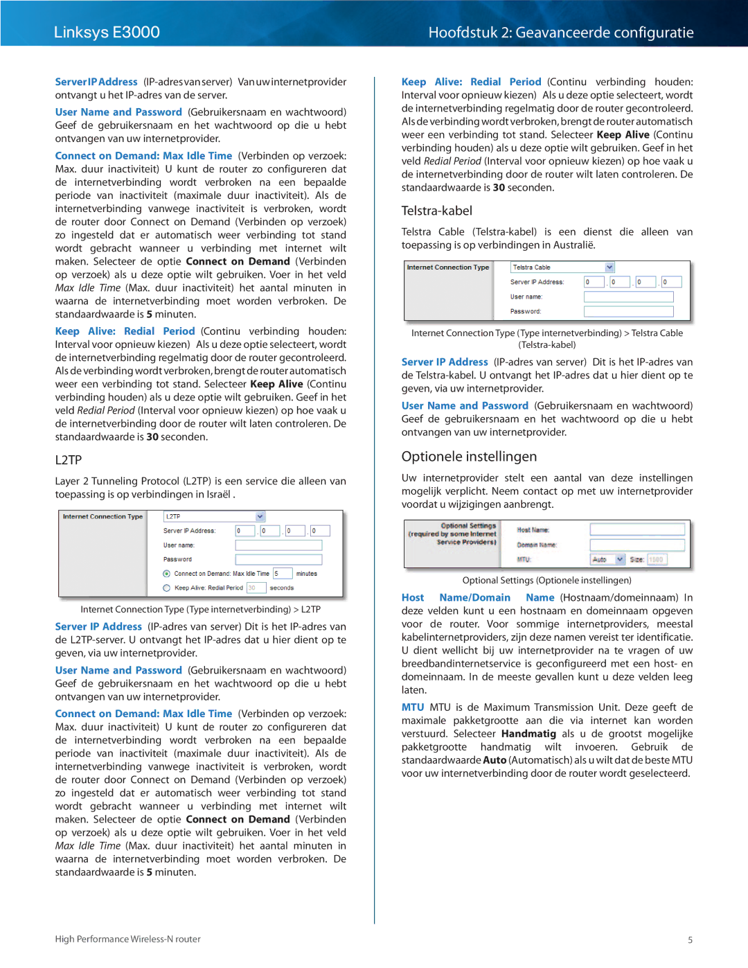 Cisco Systems E3000 manual Optionele instellingen, Telstra-kabel 