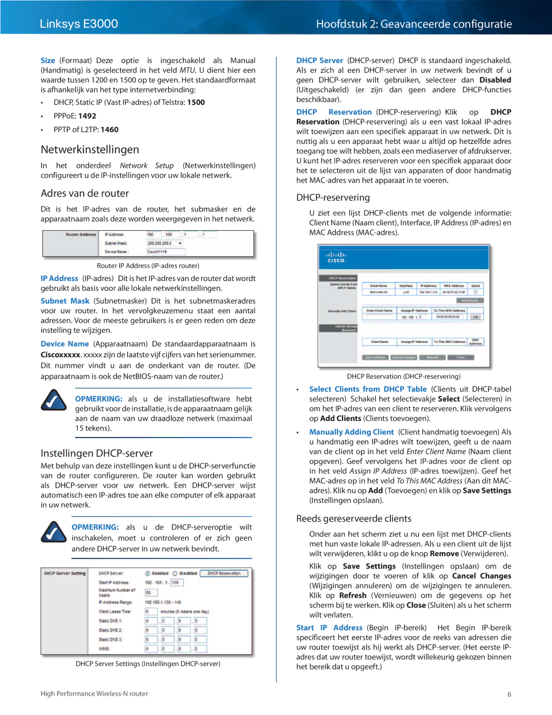 Cisco Systems E3000 manual Netwerkinstellingen, Adres van de router, Instellingen DHCP-server, DHCP-reservering 