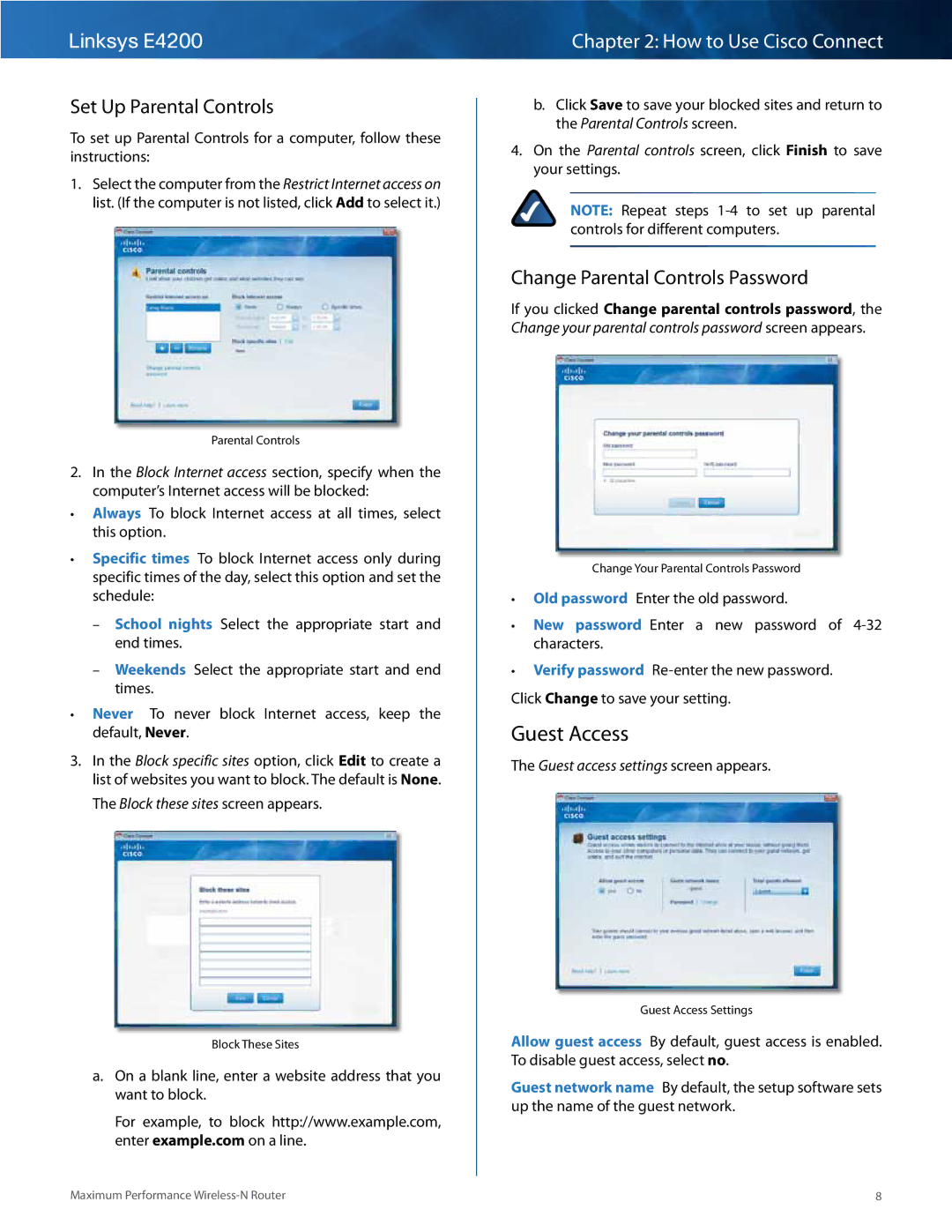 Cisco Systems E4200 manual Guest Access, Set Up Parental Controls, Change Parental Controls Password 