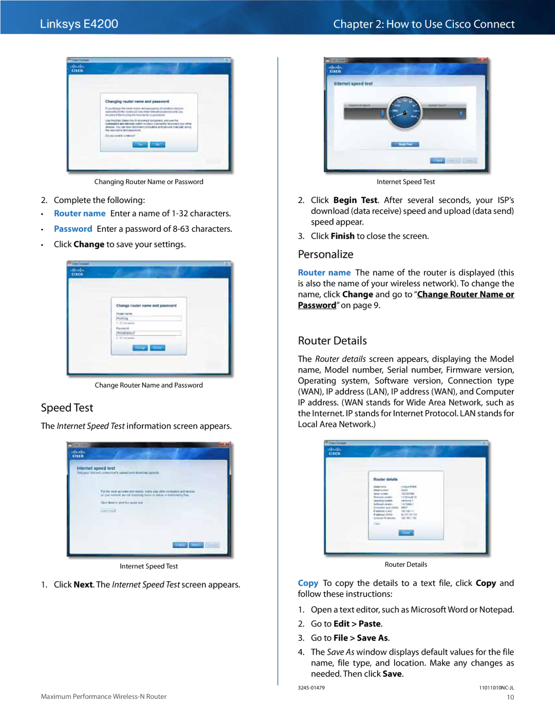 Cisco Systems E4200 manual Router Details, Internet Speed Test information screen appears 