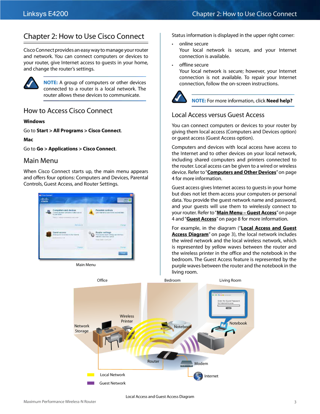 Cisco Systems E4200 How to Use Cisco Connect, How to Access Cisco Connect, Main Menu, Local Access versus Guest Access 