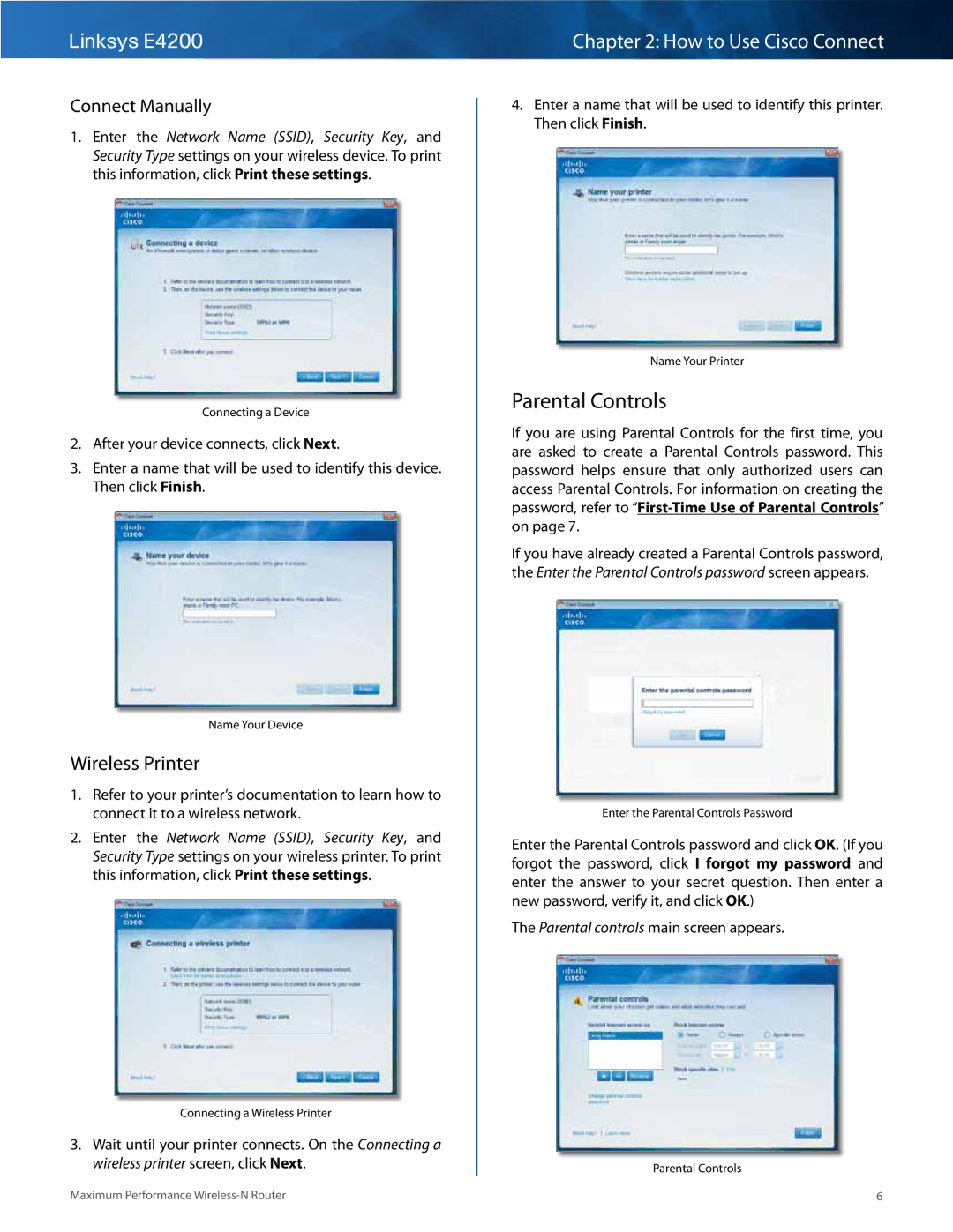 Cisco Systems E4200 manual Parental Controls, Wireless Printer 