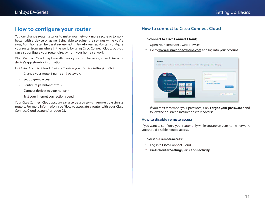 Cisco Systems EA3500 How to configure your router, How to connect to Cisco Connect Cloud, How to disable remote access 