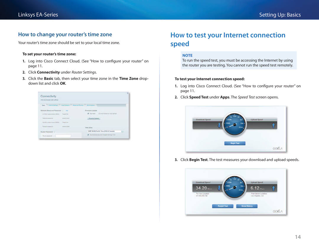 Cisco Systems EA3500 manual How to test your Internet connection speed, How to change your router’s time zone 