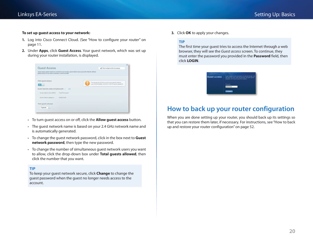 Cisco Systems EA3500 manual How to back up your router configuration, To set up guest access to your network 