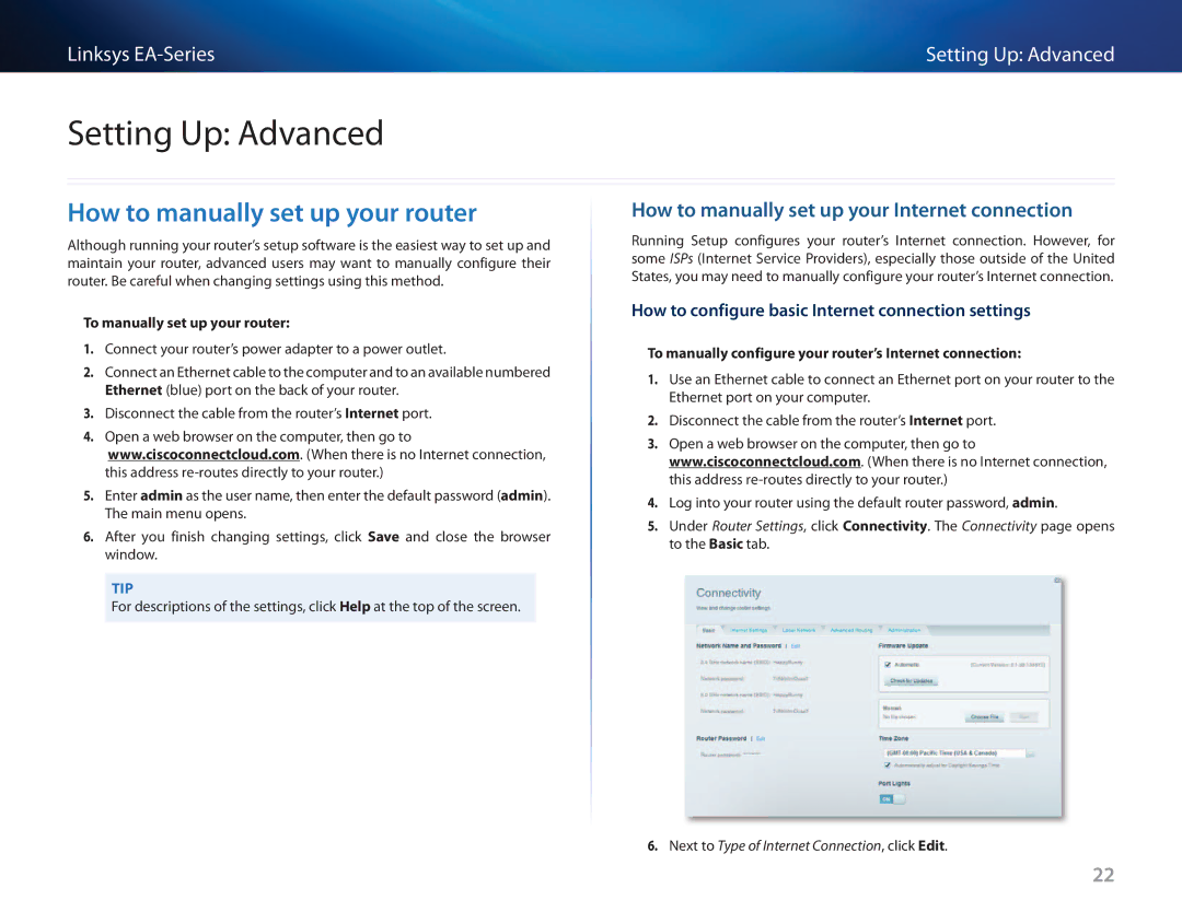 Cisco Systems EA3500 Setting Up Advanced, How to manually set up your router 