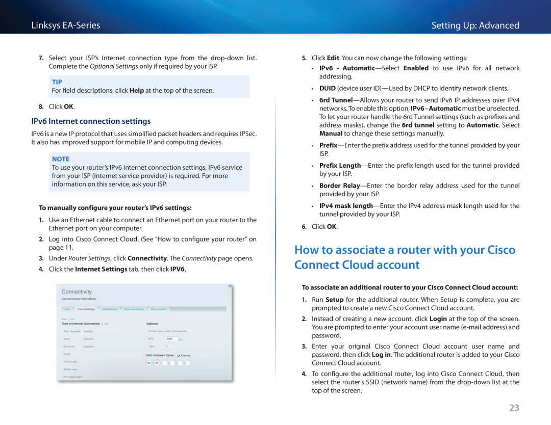 Cisco Systems EA3500 IPv6 Internet connection settings, To manually configure your router’s IPv6 settings 