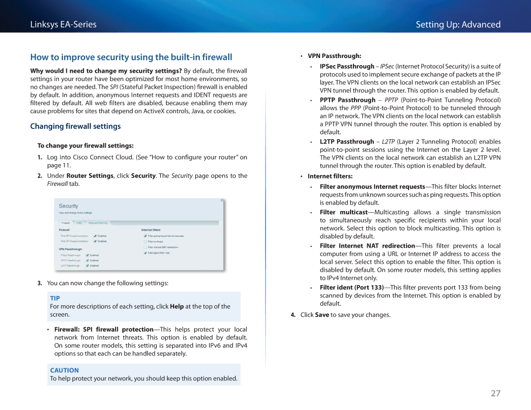 Cisco Systems EA3500 How to improve security using the built-in firewall, Changing firewall settings, VPN Passthrough 