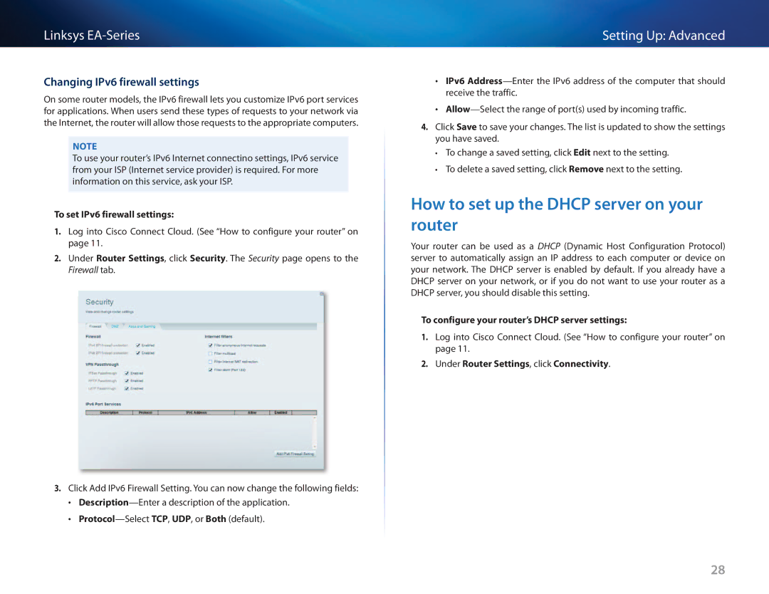 Cisco Systems EA3500 manual How to set up the Dhcp server on your router, Changing IPv6 firewall settings 