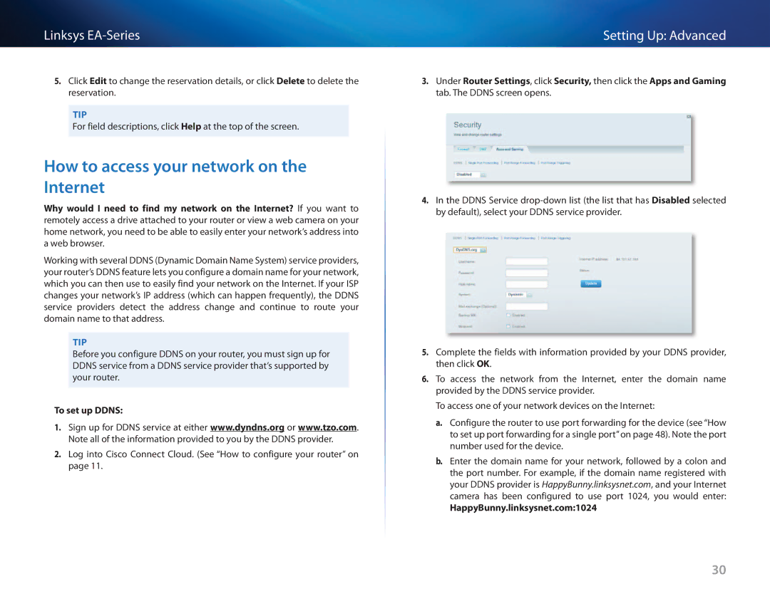 Cisco Systems EA3500 manual How to access your network on the Internet, To set up Ddns, HappyBunny.linksysnet.com1024 