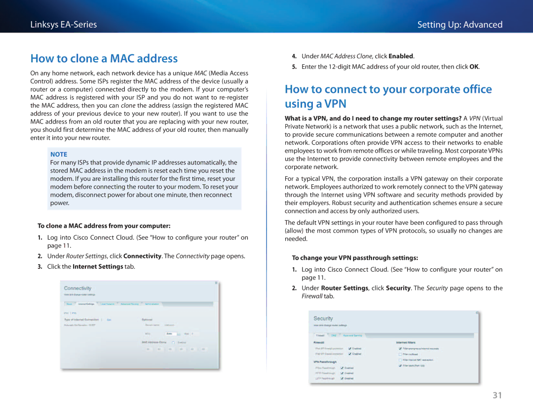 Cisco Systems EA3500 manual How to clone a MAC address, How to connect to your corporate office using a VPN 