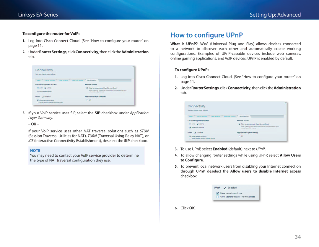 Cisco Systems EA3500 manual How to configure UPnP, To configure the router for VoIP, To configure UPnP 