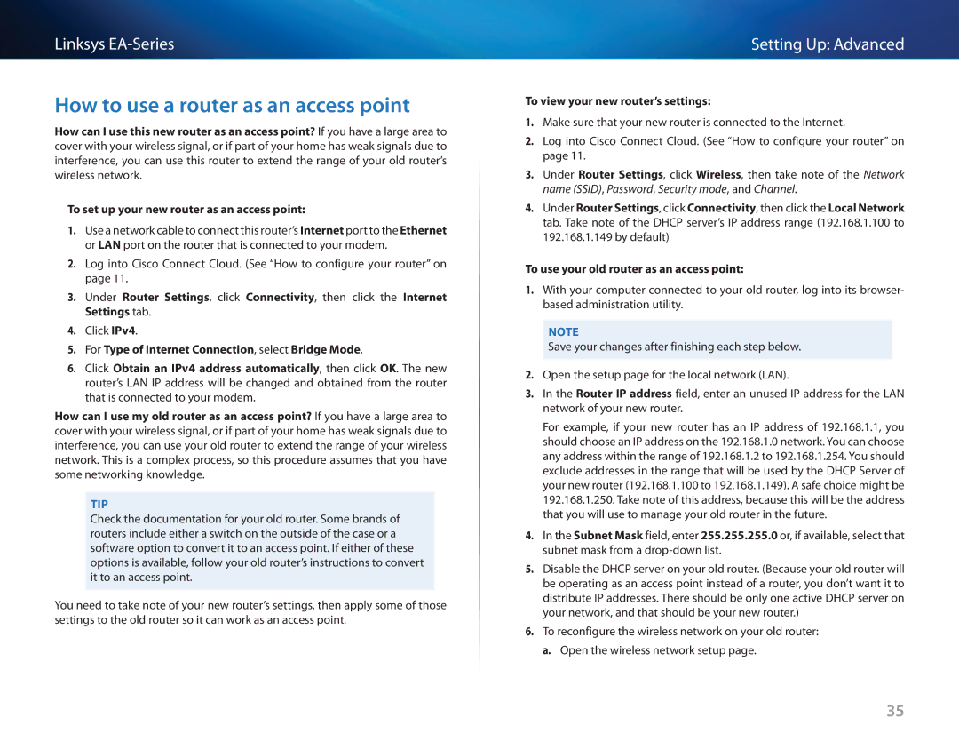 Cisco Systems EA3500 manual How to use a router as an access point, To view your new router’s settings 