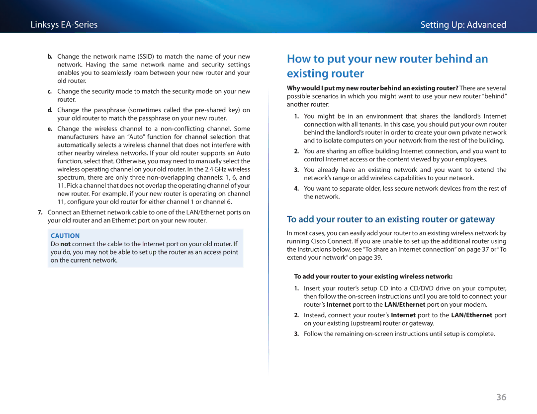 Cisco Systems EA3500 manual How to put your new router behind an existing router 