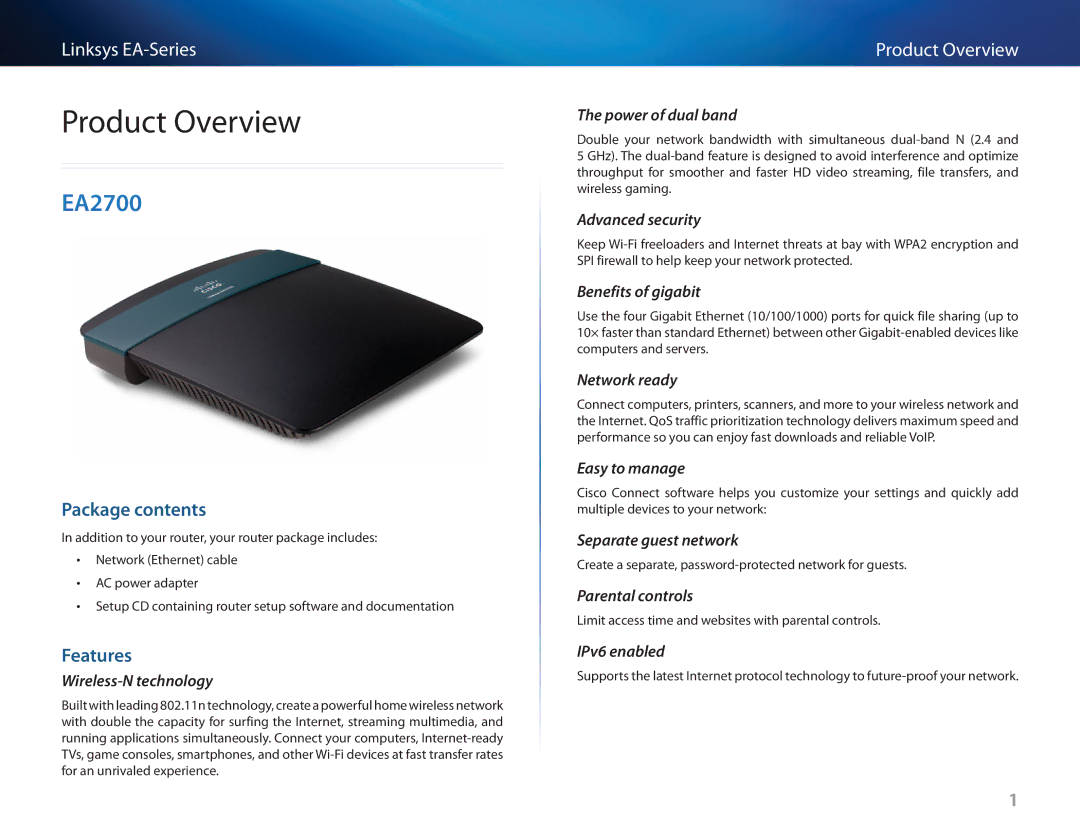 Cisco Systems EA3500 manual Product Overview, EA2700, Package contents, Features 