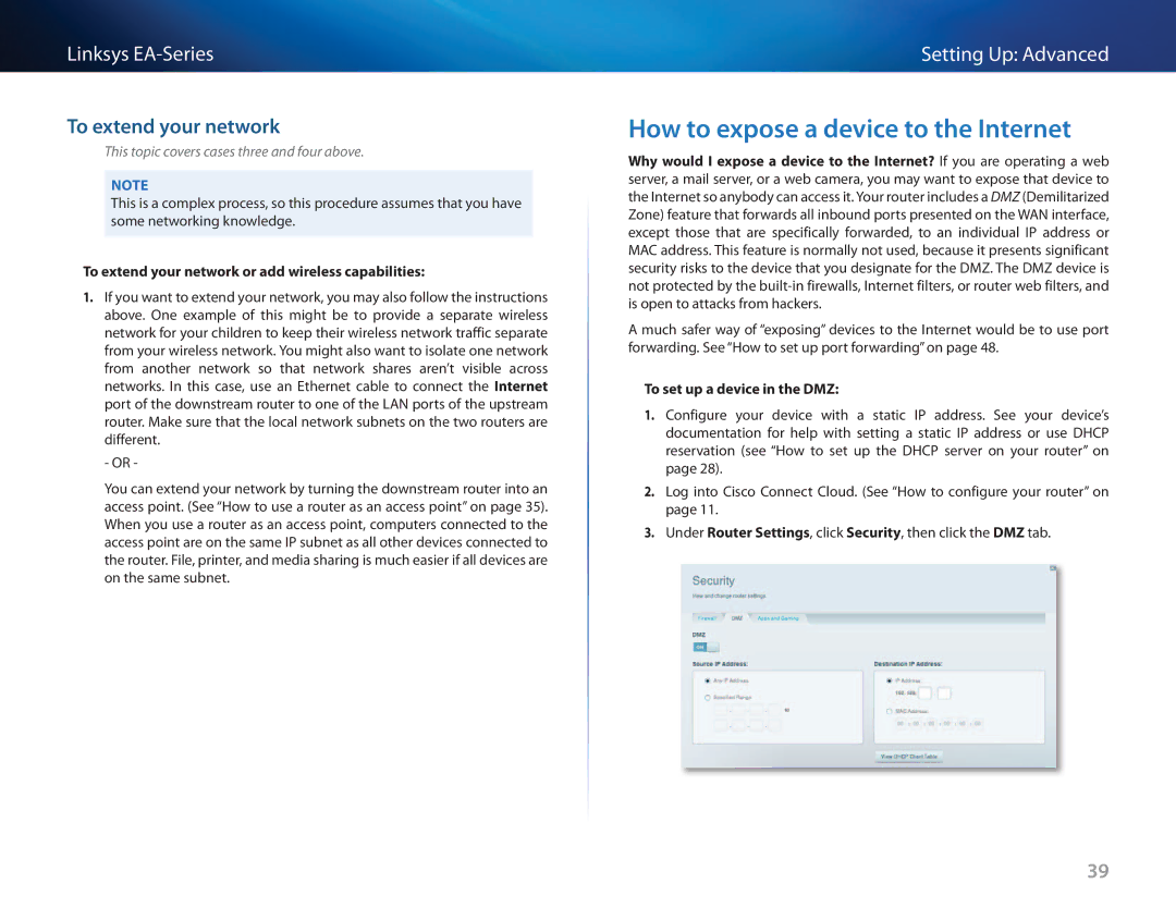 Cisco Systems EA3500 manual How to expose a device to the Internet, To extend your network, To set up a device in the DMZ 