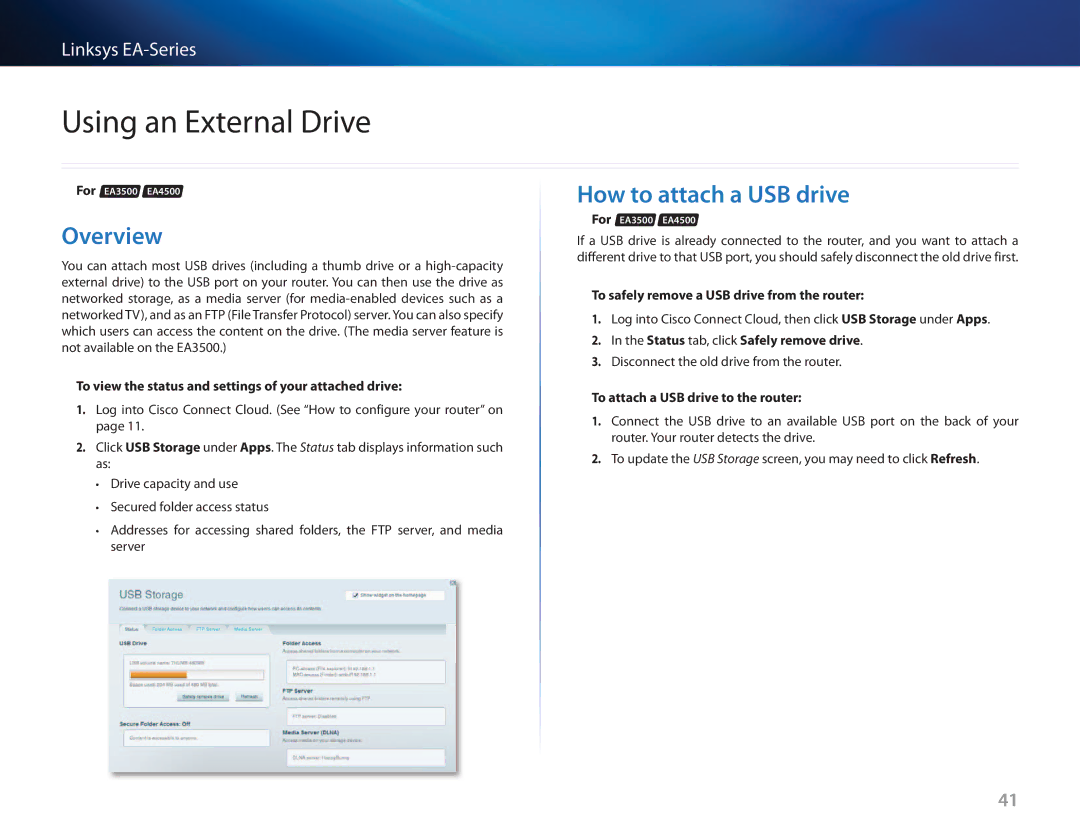 Cisco Systems EA3500 manual Using an External Drive, Overview, How to attach a USB drive 