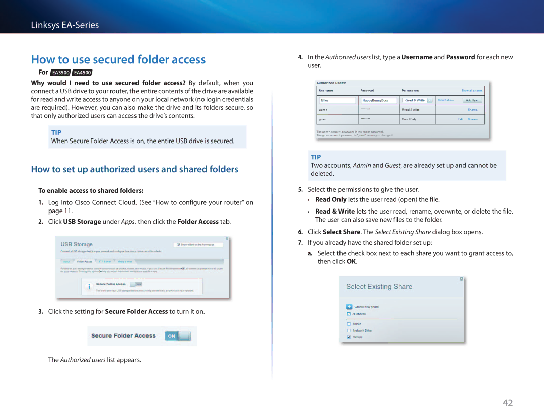 Cisco Systems EA3500 manual How to use secured folder access, How to set up authorized users and shared folders 