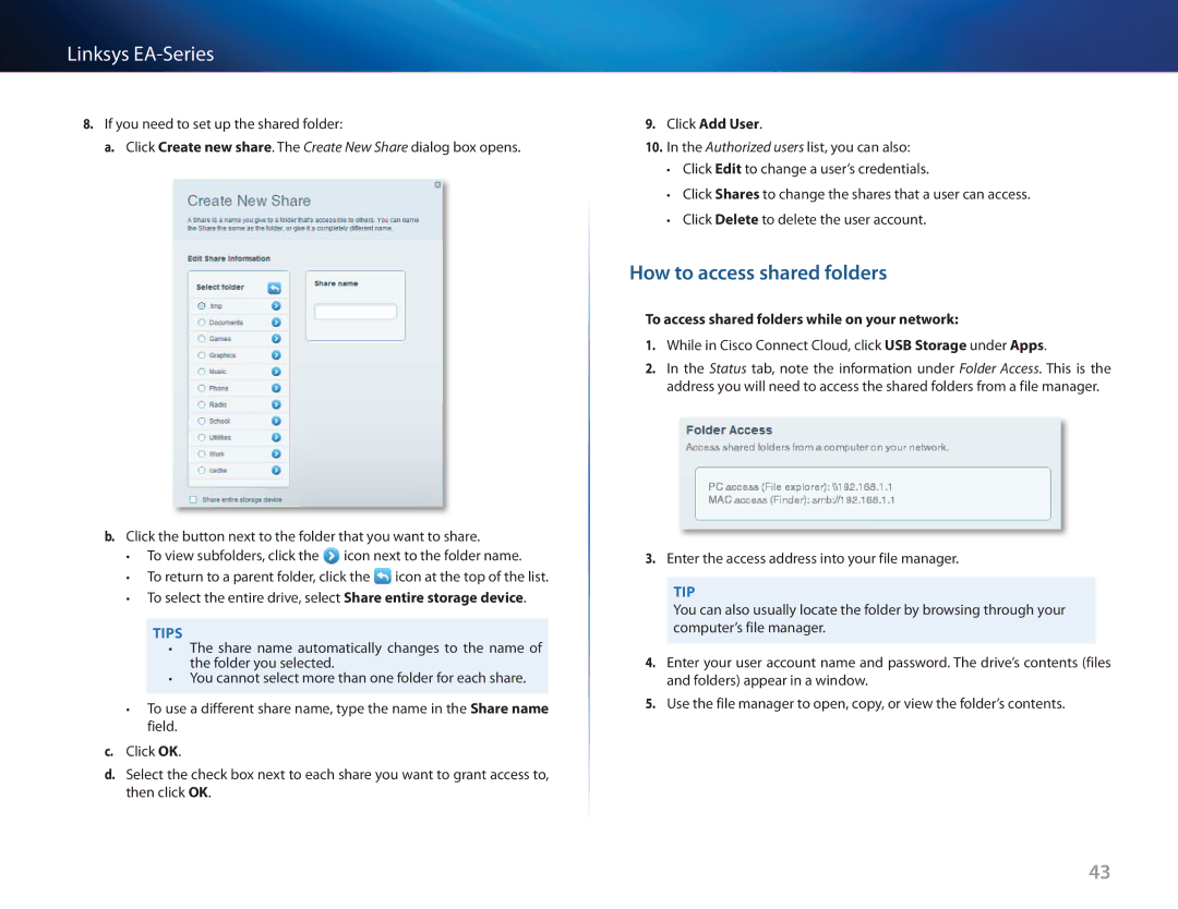 Cisco Systems EA3500 manual How to access shared folders, Click Add User, To access shared folders while on your network 