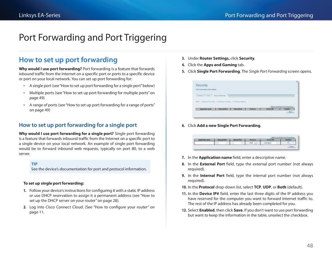 Cisco Systems EA3500 Port Forwarding and Port Triggering, How to set up port forwarding, To set up single port forwarding 