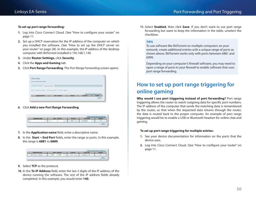 Cisco Systems EA3500 manual How to set up port range triggering for online gaming, To set up port range forwarding 