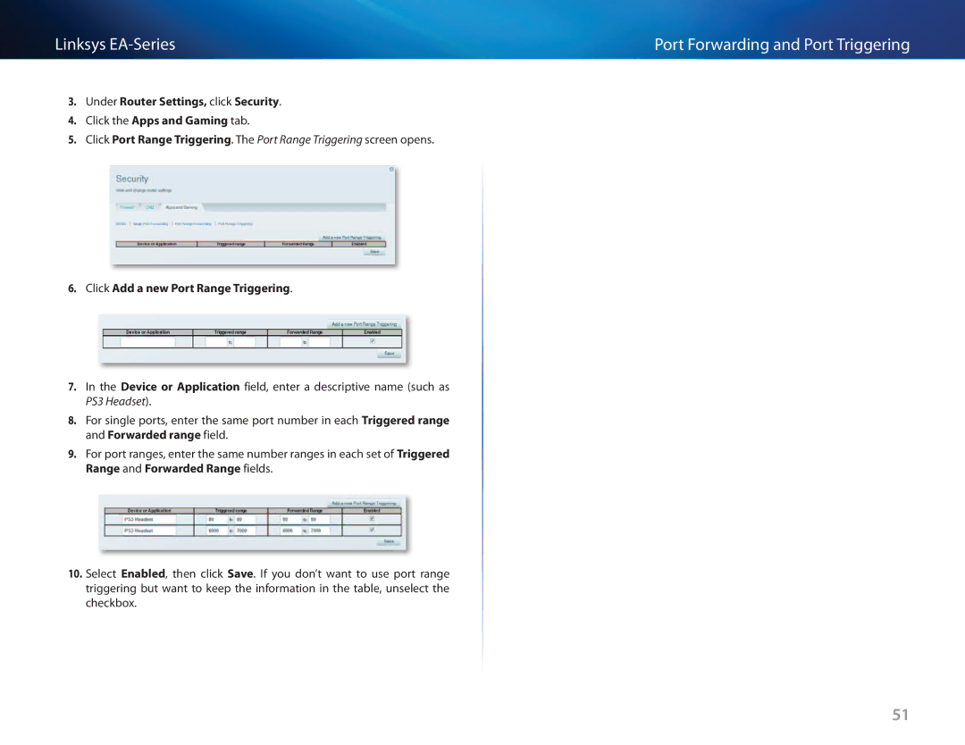 Cisco Systems EA3500 manual Click Add a new Port Range Triggering 