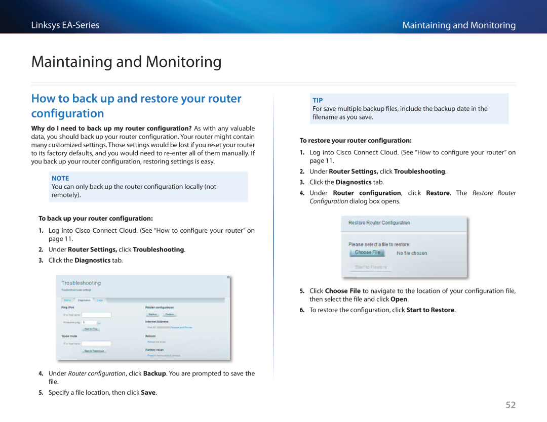 Cisco Systems EA3500 manual Maintaining and Monitoring, How to back up and restore your router configuration 